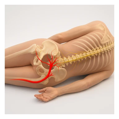 Hyperrealistic anatomical view of sciatica: human body lying on one side, visible spine, bones, and nerves, sciatic nerve highlighted in red along the leg, clear anatomical details, white background, 4K quality. sticker