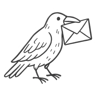 hand drawn outlined icon of a raven with a letter sticker
