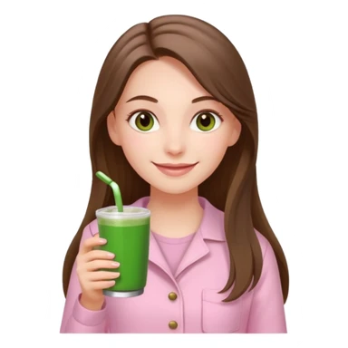 happy white long brunette hair girl with hazel eyes wearing light pink who is holding matcha sticker