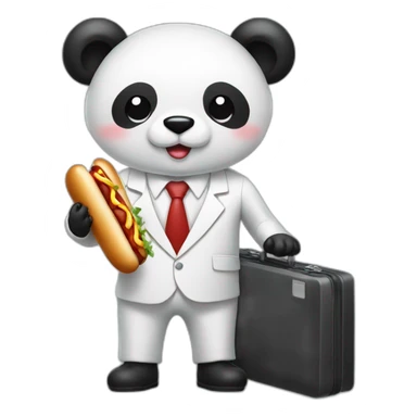 A professor with white suit and red tie and a panda face eating a hotdog and holding a black suitcase sticker