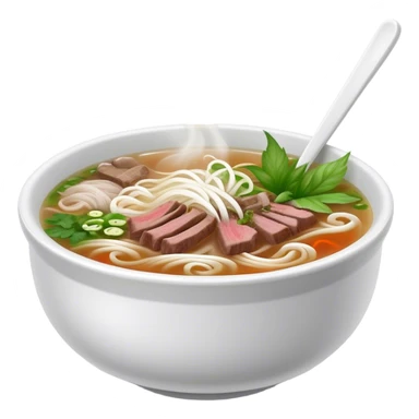 Cinematic Realistic Pho Dish Emoji, depicted as a steaming bowl of aromatic beef noodle soup with herbs rendered with lifelike textures and vibrant, warm lighting. sticker