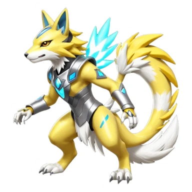 Modern futuristic shiny colorful Lombax-Zeraora-Renamon-fusion (full body) sticker