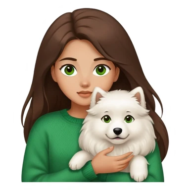 A brunette girl with long hair and green eyes, and wearing a brown sweater, holding a samoyed with Brown eyes sticker