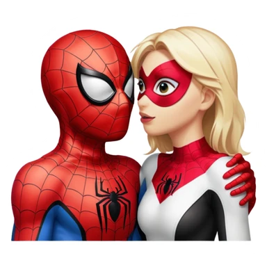 Spiderman and Spider-Gwen kissing, both in masks, emoji style sticker