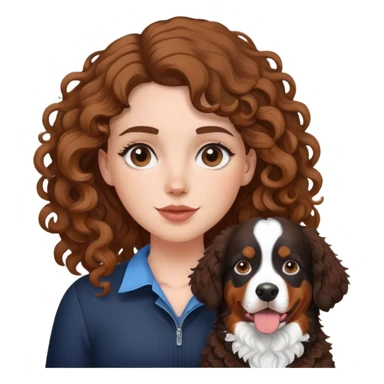 white girl with curly brown hair with a Bernese mountain dog sticker