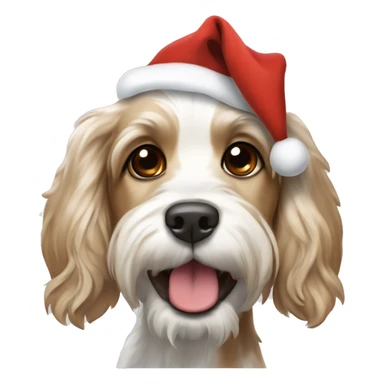 A smiling white with light brown spots cocker spaniel and Lhasa apso mixed dog with a Christmas hat on top sticker