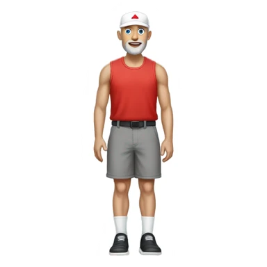 white bald guy wearing a gray wife beater with black sporty shorts white socks and black flip flops with a red maga cap with blue eyes and 3 day beard sticker