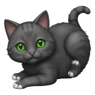 solid dark grey cat with green eyes, completely solid grey face, white toes/paws playing rolling upside down sticker