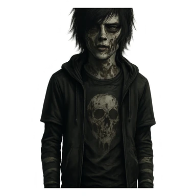 zombie boy, black hair, medium long, emo fashion, dark vibe, moody sticker
