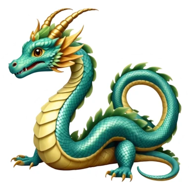  serpent dragon. Slim, serpentine body with smooth scales in soft blues and greens. Fluffy leaf plumes replace the tail fins, and a terracotta crown-like crest adorns its head. Gentle amber eyes. it should be similar to traditional chinese dragons. no legs. snake-like body. sticker