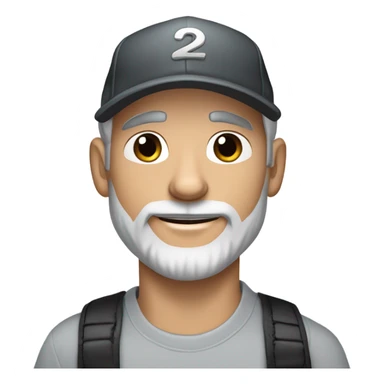 Handsome blue eyed man, with grey hair, and grey goatee beard, wearing ball cap and holding a black long hair chihuahua  sticker