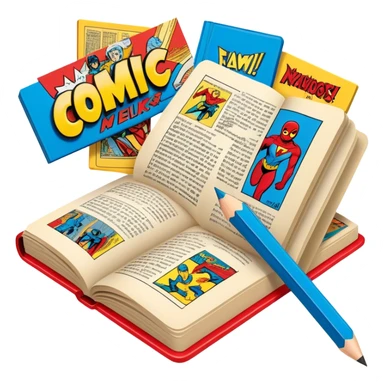 Create a vibrant emoji representing comic books and graphic novels. The design should feature a large, open comic book or vintage comic magazine with pages displaying classic comic art, with text. The comic pages should have bold, dynamic panels and action scenes. Include a pencil writing on the pages, but without a hand, to symbolize the artistic creation of comics. Use bright colors like red, blue, and yellow, with a retro feel to the design. Make the background transparent. sticker