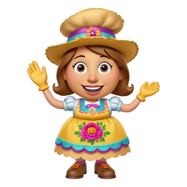 Create a 3D Pixar-style Mrs. Potato Head character with a rounded, slightly uneven shape, expressive eyes, a wide smile, and cartoonish limbs, dressed in a colorful apron with intricate embroidery, a vibrant hat adorned with a feather sticker