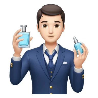 stylish man spraying perfume, holding a perfume bottle, mist spray in the air, elegant pose, 3D cartoon, mobile game icon style, clean background, no text, no watermark

 sticker