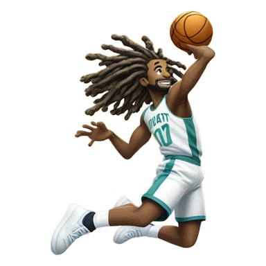 Tall light skin man dunking with dreads in a school that has blue and orange color with a tiger logo sticker