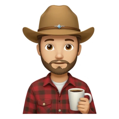 generate an ios genmoji of a 20 year old tan boy with a cowboy hat and side burn beard. Wearing a flannel and carrying a coffee mug sticker
