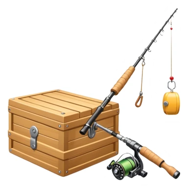 A fishing rod with reel and line neatly coiled beside a bait box. sticker