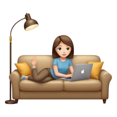 A girl is working with a laptop while lying on a sofa, with a floor lamp to the right. sticker