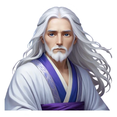 elegant Ionian artist with a mystical and refined appearance. He has long, flowing silver-white hair that cascades past his shoulders, framing his calm and contemplative face. His eyes glow with a soft, ethereal light, hinting at the vast arcane power he wields.

Draped in intricate, layered robes with deep blues and purples, his attire reflects both an artist's grace and a mage's authority. Golden embroidery and delicate patterns adorn his clothing, resembling the strokes of a masterful painting. His hands, often poised in artistic gestures, channel his magic like a painter bringing a canvas to life, each spell a work of art in motion. sticker