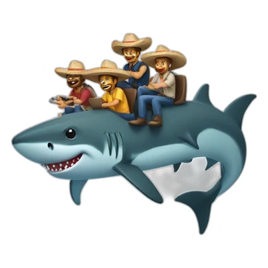 5 web developers wearing sombreros sitting riding on a shark sticker