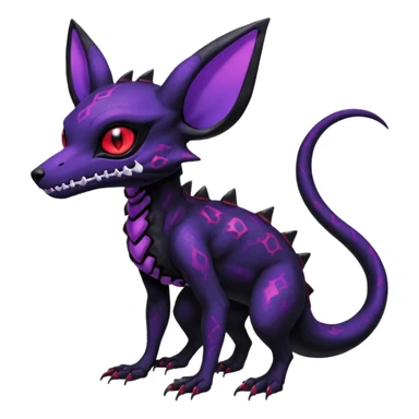 Gothic Black red purple Scaley Exotic Salandit-Umbreon-Noibat-Fakémon-hybrid-creature (full body), 4 legs, white skull face mask sticker