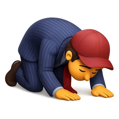 Transform the man in the reference image into an emoji-style character kneeling down and bowing deeply to the ground with arms and forehead touching the floor, expressing apology or deep respect. The style should be about 70% realistic but still clear, bold, and expressive like standard emojis, capturing the emotion vividly. sticker