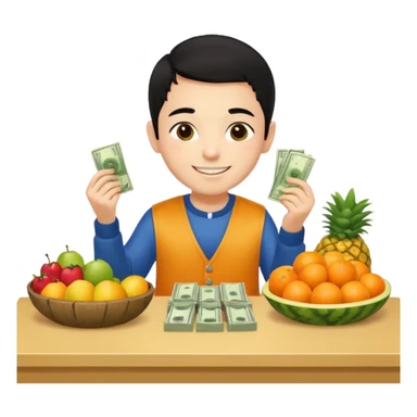 chico piel clara pelo negro con ropa de frutero sentado en una mesa contando mucho dinero sticker