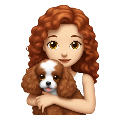 A white girl with long red-brown hair hugging a cute small red brown toy poodle puppy  sticker