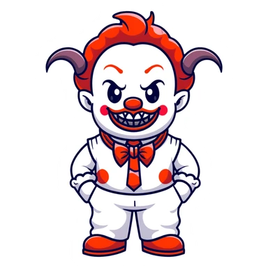 full-body demonic clown in a white leisure suit with bellbottom pants, bald, with black ram horns, flashy belt, ruffled shirt, no neck tie, large fangs in mouth sticker
