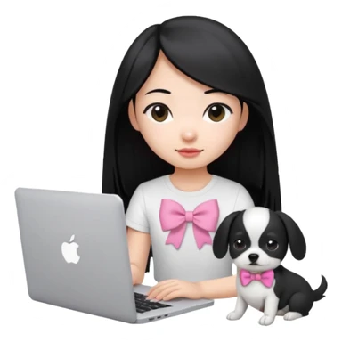 Asian girl long black hair, wearing a white t-shirt, working on an Apple laptop, next to her is a small black and white dog in pink bow sticker