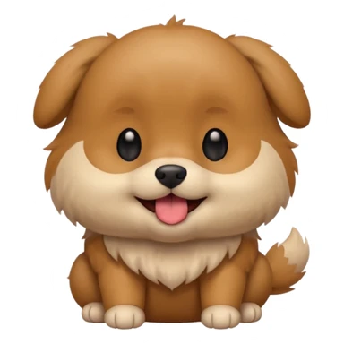 Cute small brown fluffy dog emoji icon. Round face, short muzzle, light brown fur with slightly darker ears, small black nose, happy smiling expression with tongue out. Soft friendly eyes, sitting pose with front paws together. Simple clean vector style, minimal details, kawaii style. sticker