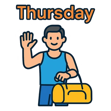 a sportsman holding his gymbag waving his hand goodbye. The word Thursday is above the sportsman sticker