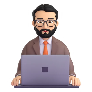 professional middle eastern businessman with well-groomed medium length black beard, neat black hair, connected eyebrows, elongated nose, tan skin, brown eyes, modern glasses, wearing perfectly pressed business casual outfit, efficiently working on a laptop sticker