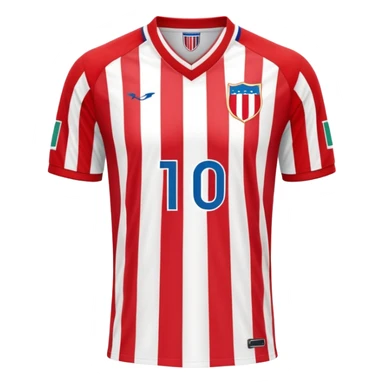 Red and white football jersey with vertical stripes, inspired by Paraguay's national team sticker