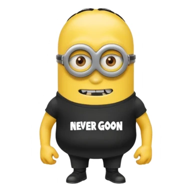 A buff minion wearing a black t shirt top with the words “never GOON” on the shirts chest area sticker