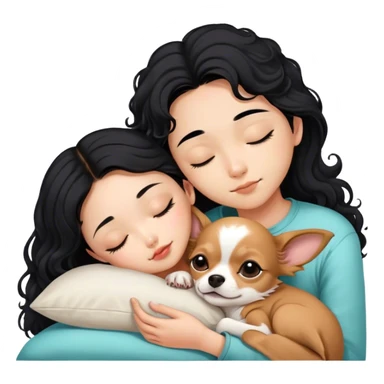 Coquette teenage cute asian black hair girl sleeping with brown longhair chihuahua and guy with black curly hair sticker