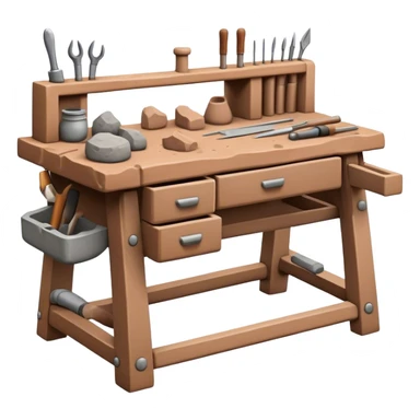 Cinematic Realistic image of a workbench set with a lump of pliable clay and artisanal sculpting tools, rendered with finely detailed textures that reveal subtle clay particles and well-worn tool surfaces, bathed in warm, focused studio lighting sticker