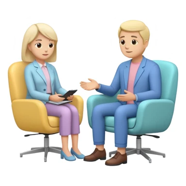 simplified human character sitting in a chair talking calmly with a psychologist, therapist listening attentively, safe and supportive atmosphere, mental health session, flat custom emoji sticker, pastel colors, rounded shapes, minimal details, thick outline, white background, no text sticker