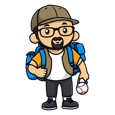 adventurer with backpack, small beard, glasses and backwards baseball cap sticker