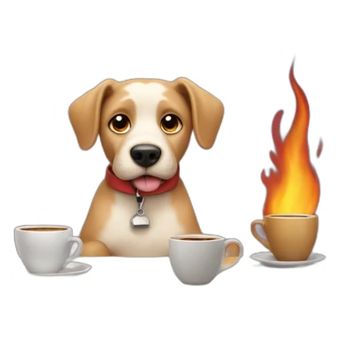 Anthropomorphic dog sitting on a table drinking coffee while its surrounding is on fire sticker