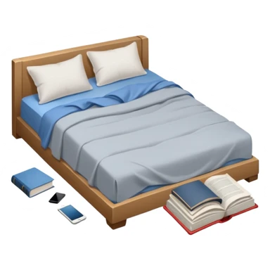 messy bed with a wrinkled blanket, the pillow out of place on the floor. Around the bed, scattered items include a t-shirt, pants, and an open book on the floor. sticker
