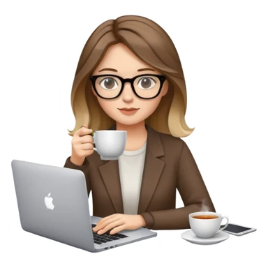Chica con el pelo castaño con balagage rubias y gafas, está tomándose un té y trabajando con su laptop Apple  sticker