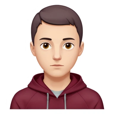 young white European male with short buzzcut dark hair, smooth clear skin, wearing a maroon hoodie with the hood up, oval-shaped face, defined jawline, high cheekbones, symmetrical features, sharp focused eyes, straight prominent eyebrows, calm neutral expression sticker