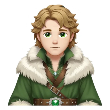 Medieval winter outfit worn by a DnD themed fantasy male character. Heavy olive green wool tunic with lynx fur collar, secured with ornate silver fastenings and a thick embossed leather belt. Clothes only above the waist, full waist coverage. The character has no arms. Character is white-skinned with golden brown hair, forest green eyes, and shoulder-length wavy hair with ice-crystal highlights. sticker