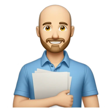good looking caucasian male with small beard and almost bald smart casual blue shirt holding papers sticker