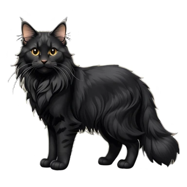 cinematic-black-maine-coon-cat-full-body-on all fours-emoji,-head-tilted-playfully-and-inquisitively,-sleek-solid black-fur,-simplified-yet-adorable-features,-highly-detailed,-glowing-with-a-warm,-friendly-glow -simplified-yet-realistic sticker