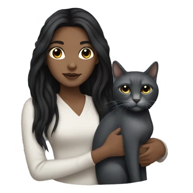 White girl with long black hair and black eyes holding a grey cat sticker
