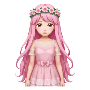 pastel anime woman with pink and white lace dress full body and long hair with flower crown sticker