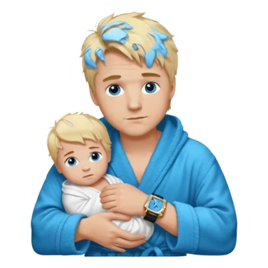 A white man with blue eyes, medium-length blond hair, a blue Cartier watch on his wrist, and a black and white bathrobe. His hair is messy, and he has a baby face. sticker