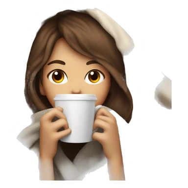 girl inside a blanket sipping coffee eyes closed white skin, brown hair and bangs sticker